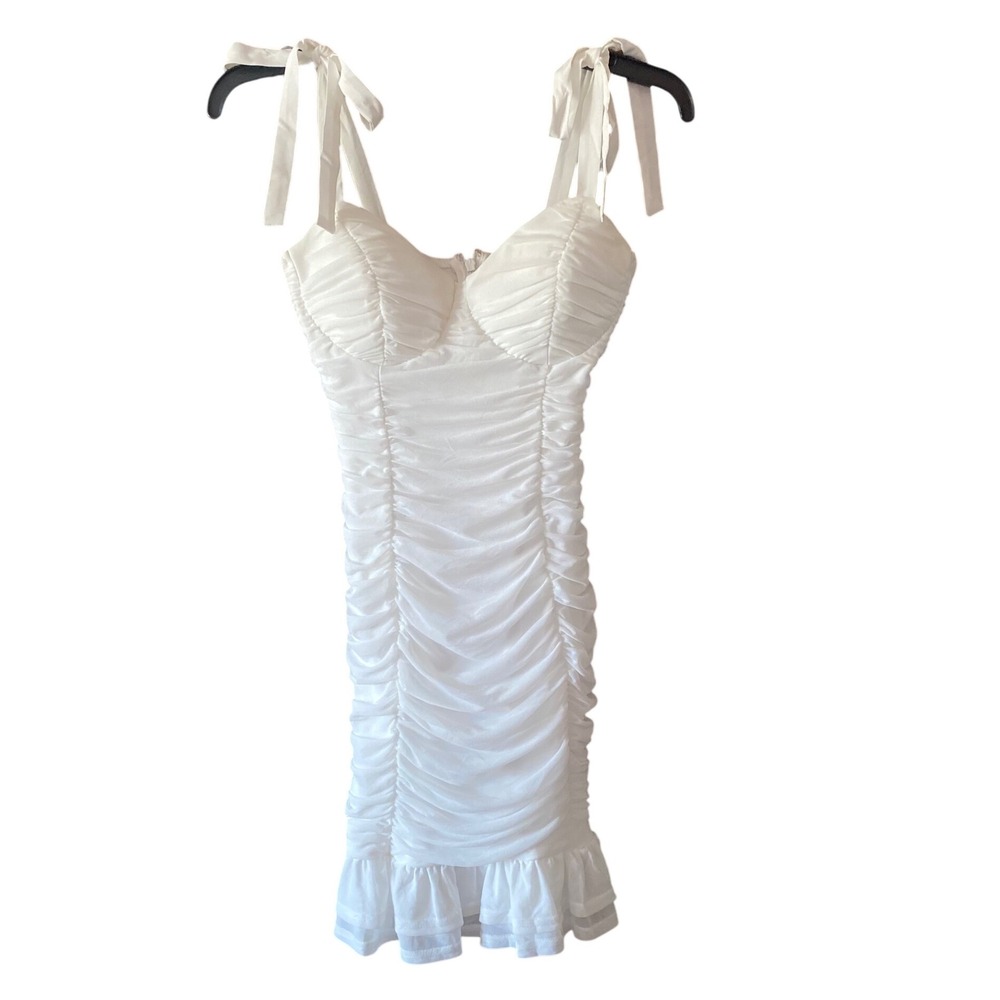 Lulus Ruched Bodycon Mini Dress Tie Strap‎ Sleeveless White Party Size S